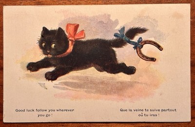 Antique Black Cat Postcard Artist Bamforth 366 Good Luck Cat 1917