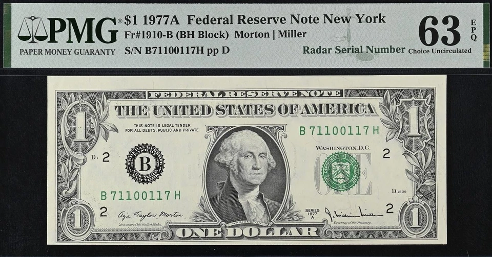 1977A $1 FRN PMG 64EPQ - 2 Consecutive Radar Serial Number 71100117 & 71200217 - Image 2 of 4