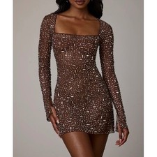 Oh Polly Brown Embellished Mesh Dress Rhinestone Square Neck Long Sleeve US 4
