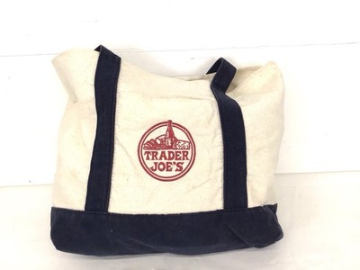 Trader Joe's Large Canvas Tote Bag Beige & Navy Blue Foldable Shopping