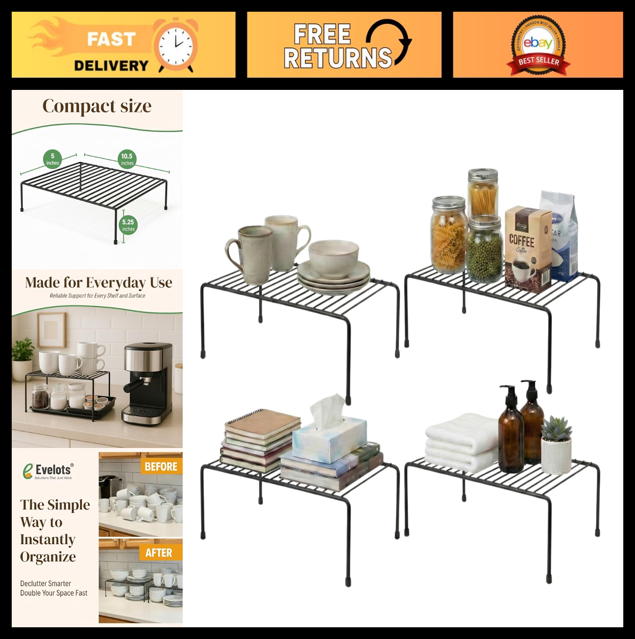 4 Pack Metal Shelf Risers - Sturdy Kitchen Cabinet Organizer - Double Counter Sp