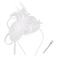 Elegant Fascinator Headband with Mesh Flower, Pearl Detail, Small Feather White