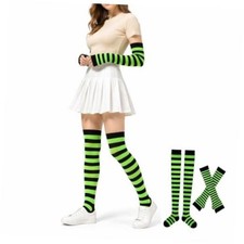 Striped Knee High Socks Leg Warmer Fingerless Socks Gloves Set for Black+green