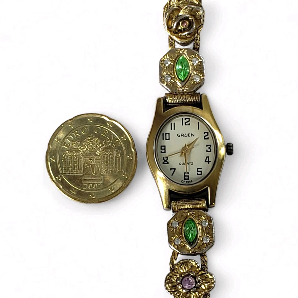 Reloj Pulsera Cuarzo Chapado en Oro Vintage Gruen Slide Charm Swiss Movt 7.25" Foto 2 de 4