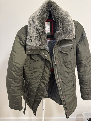 s.Oliver Outdoor Womens Green Puffer Jacket Belted Full Zip Faux Fur Collar 36