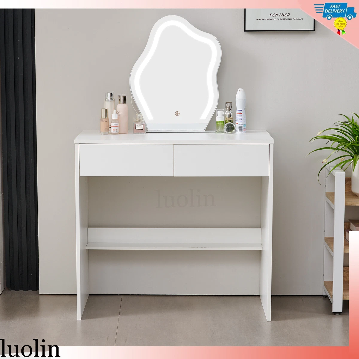 2 Drawer Dressing Table Desk with LED Lighted Tabletop Mirror Vanity Dresser Set