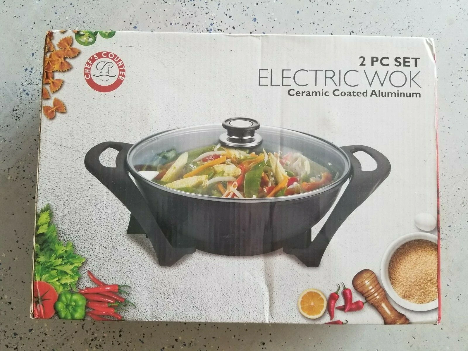 Chef’s Counter 2 Pc Electric Wok, 2 Layer Non Stick Coating & Tempered Glass Lid