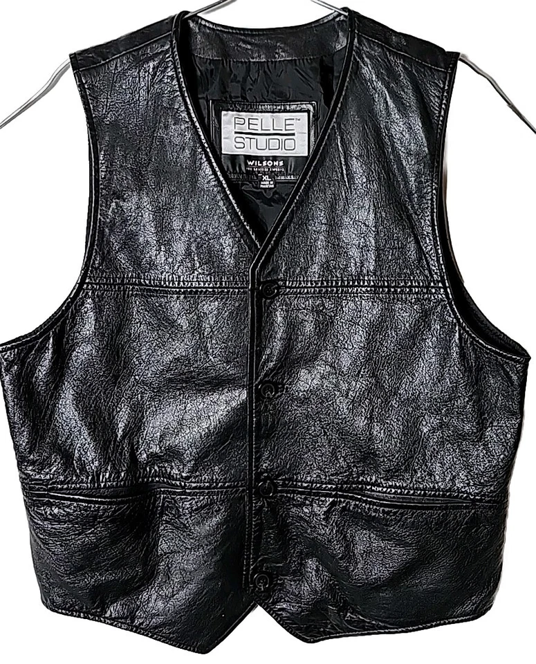 Wilsons Men XL XLarge Pelle Studios Black Button Down Leather Vest - Image 2 of 4