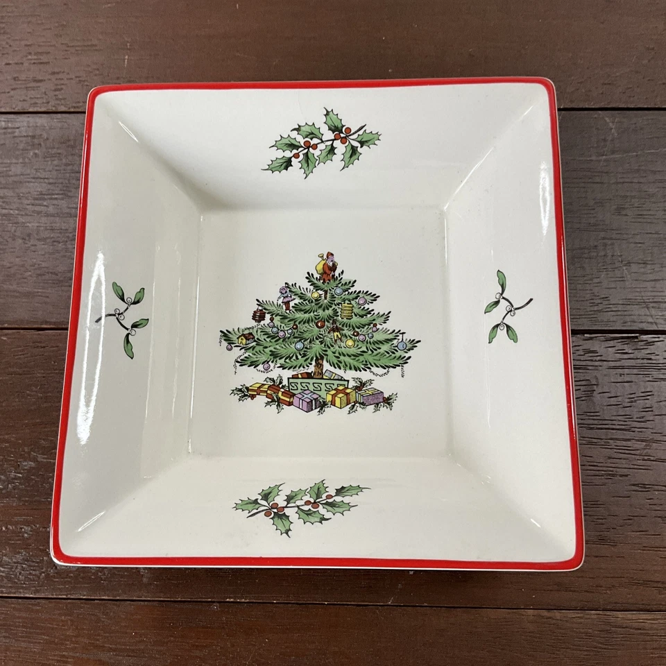 Spode Christmas Tree Red Trim 6" Square Tray Trinket Candy Nuts Dish England - Image 4 of 4