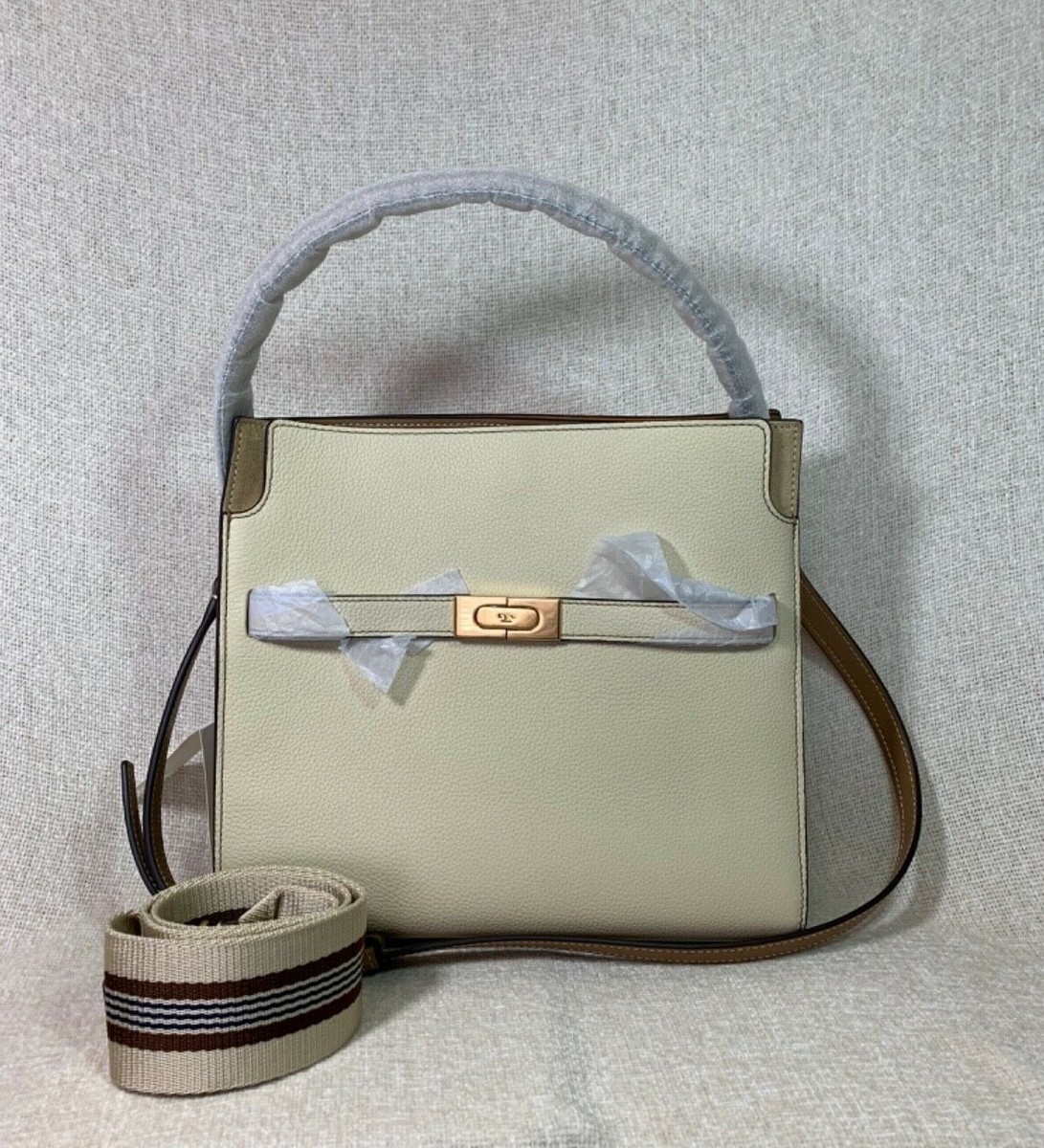 NEW Tory Burch Lee Radziwill Double New Moon Cream/Tan Pebbled