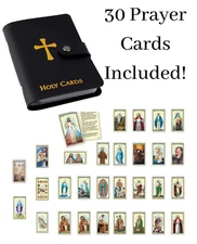 BLACK Prayer Card Holder WITH 30 Essential Catholic Christian Prayer Holy Cards