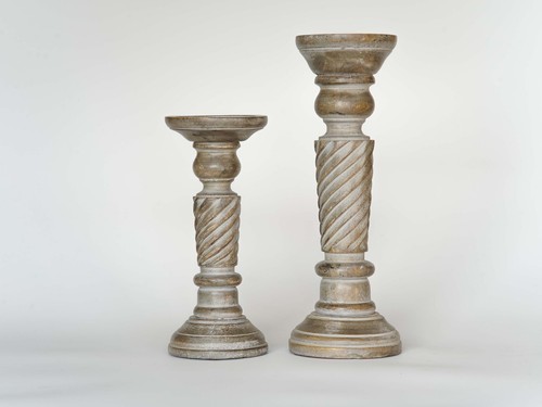 Traditional Gray Wash Eco-friendly Handmade Mango Wood Set Of Two Candle Holder - Picture 2 of 37