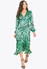 Womens Green Satin Animal Print Ruffle Hem Wrap Midi Dress