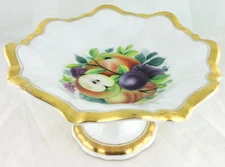 ANTIQUE PORCELAIN PLATE STAND COMPOTE SIGNED KPM FRUIT RUFFLED GOLD RIM # 2