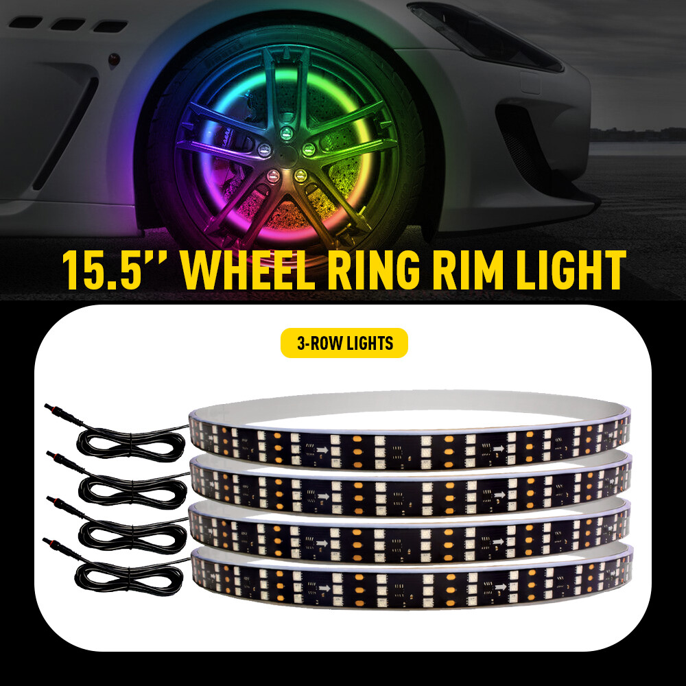 15.5IN Wheel Rim Ring Lights Set RGB Color Chasing Bluetooth APP 3 Row