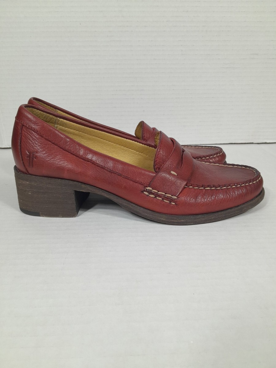 Frye Otis Red Leather Slip On Heel Penny Loafers Women Sz 6