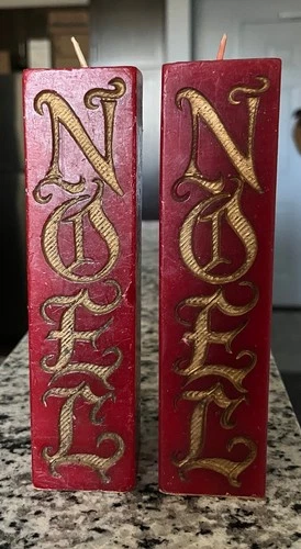 Vtg Gurley 2 Large RED NOEL CANDLES 7" X 1.75" - product listing photo