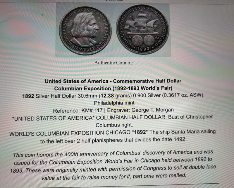1892 World's Columbian Exposition Commemorative Silver Half Dollar