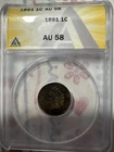 1891  1c Indian Head Cent ANACS AU58