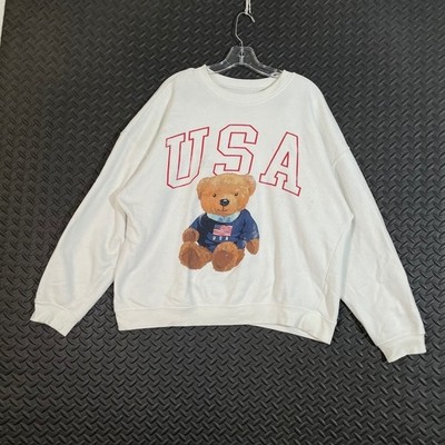 Grayson/Threads White USA Graphic Teddy Bear Longsleeve Pullover Sweater Women L