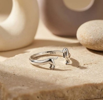 Dachshund Dog Ring 925 Sterling Silver Adjustable Cute Sausage Dog Gift