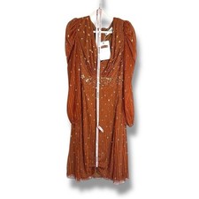 NWT Mac Duggal Hand Embellished V Neck Puff Sleeve A Line Midi Dress Size 14