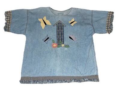 Apache Denim Shirt Women's M Butterfly s Floral Applique Cottage Core Grandma
