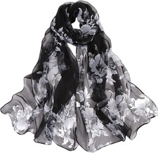 Women Soft Floral Print Shawl Chiffon Sheer Scarf