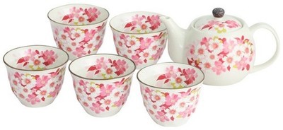 Japanische Mino Ware Teekanne 5 Tassen Set 'Cherry Blossom Bloom' Geschenkbox...
