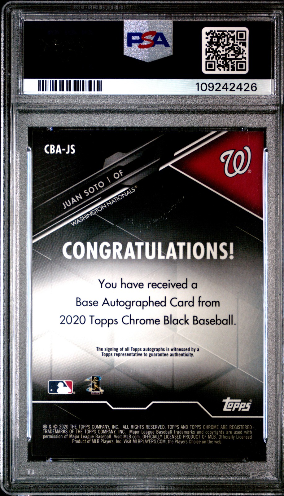 2020 TOPPS CHROME BLACK AUTO GREEN REFRACTOR #JS JUAN SOTO 32/99 PSA 9 AUTO view 2