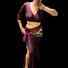 Red  Gold Belly Dance Costume: Italian Lycra, Fits S-M-L