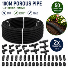 100m Porous Pipe 1/2" Garden Soaker Hose Irrigation Kit with 50 Connectors
