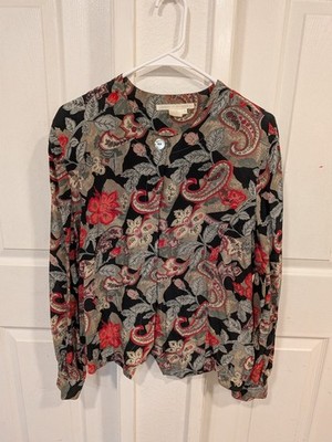 Annie Alexander Sz L VTG 100% Silk Artsy Abstract Floral Button Up Blouse