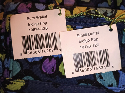 Retired Vera Bradley Small Quilted Duffel + Euro Wallet Indigo Pop New With Tags - Picture 7 of 10
