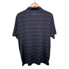 Dark gray and pink striped polyester polo shirt with short sleeves, shown from the back on a wooden hanger.