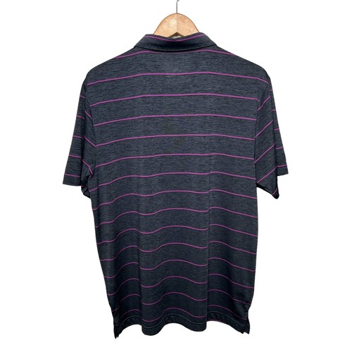 Dark gray and pink striped polyester polo shirt with short sleeves, shown from the back on a wooden hanger.