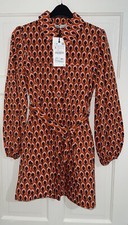 ZARA ORANGE COLLARED GEOMETRIC PRINT MINI COTTON SHIRT DRESS WITH BELT SIZE S
