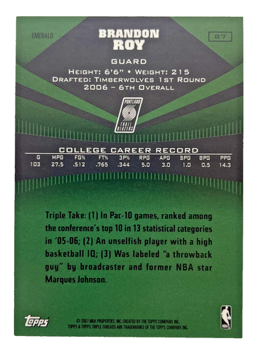 2006-07 Topps Triple Threads Emerald /199 Brandon Roy #87 Rookie RC - Picture 2 of 2