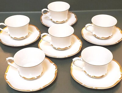 Harmony House Golden Starlight Fine China Japan Cup & Saucer 6 Sets Gold Wh. Vtg