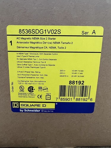 Square D NEMA Size-2 Series-A 600V 50/60Hz AC Magnetstarter 8536SDG1V02S NEU - Bild 1 von 13