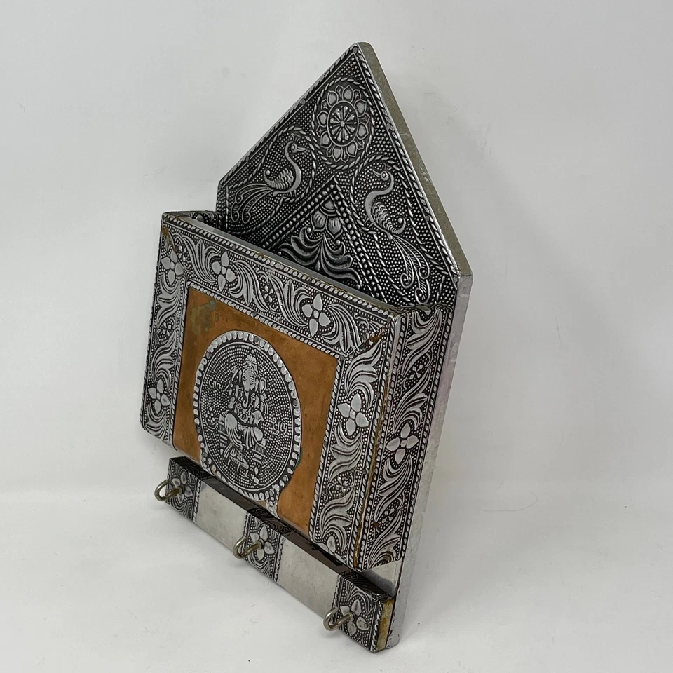Portacartas Ganesha Llave Correo Plata Cobre Metal Repujado Pájaros Hindú India Foto 2 de 4