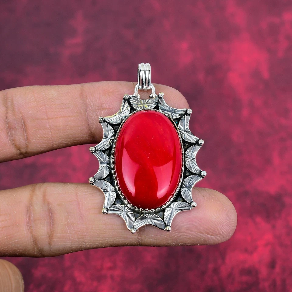 Pingente de prata esterlina 925 feito à mão pedras preciosas de coral vermelho sólido - Imagem 3 de 4