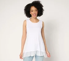 LOGO by Lori Goldstein Knit Tank Top with Hi-Low Chiffon Hem Bright White XXS Ne