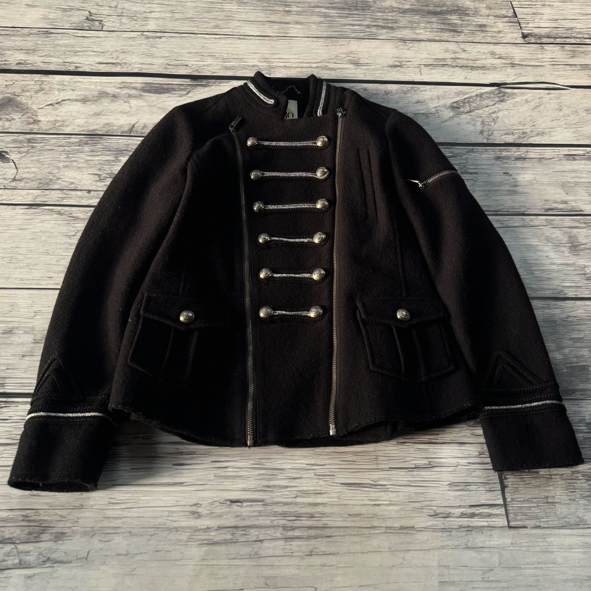 Vintage Black Napoleon Military Jacket Cropped Wool Button Y2K