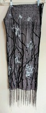 Black Scarf With White/Gray Flowers, Glitter  Fringe Polyester Scarf 80"L 16"W