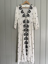 Free People Fable Embroidered Boho Midi Dress S Small White Black 3/4 Sleeves