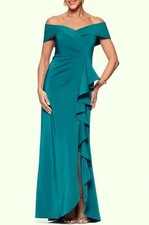 Xscape Peacock Blue Ruffle Off the Shoulder Satin Faille Gown Dress Size 16 $258