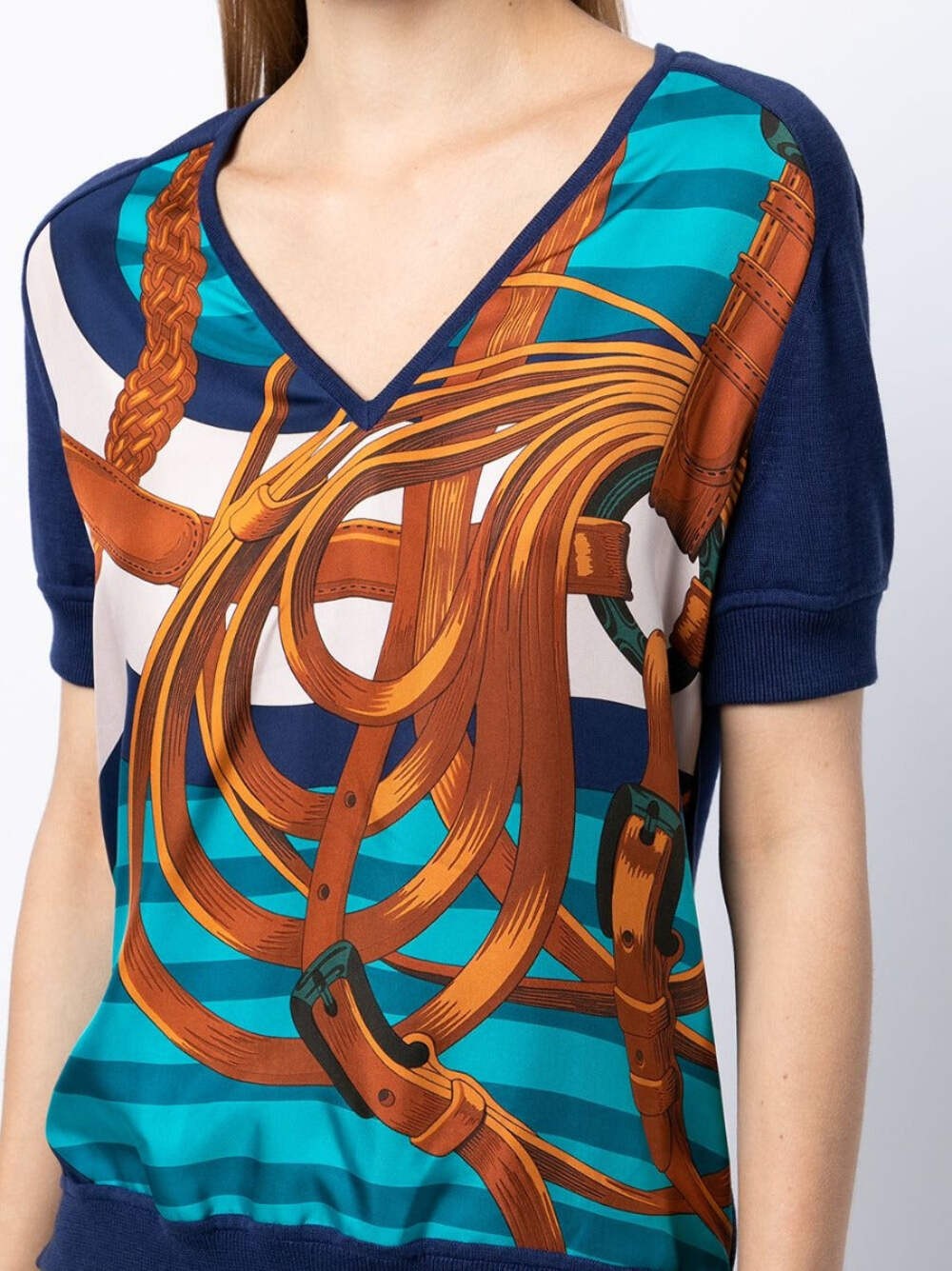Hermès Navy Bridle Print Silk Top Navy Womens FR 38 image 5