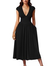 YMDUCH Women's Casual Deep V Neck Cap Sleeve Back Tie A-Line Swing Midi Dress...