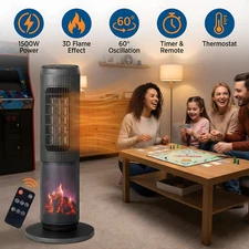 Space Heater Tower 1500W Electric 3D Flame Oscillating Remote Timer Indoor 25"